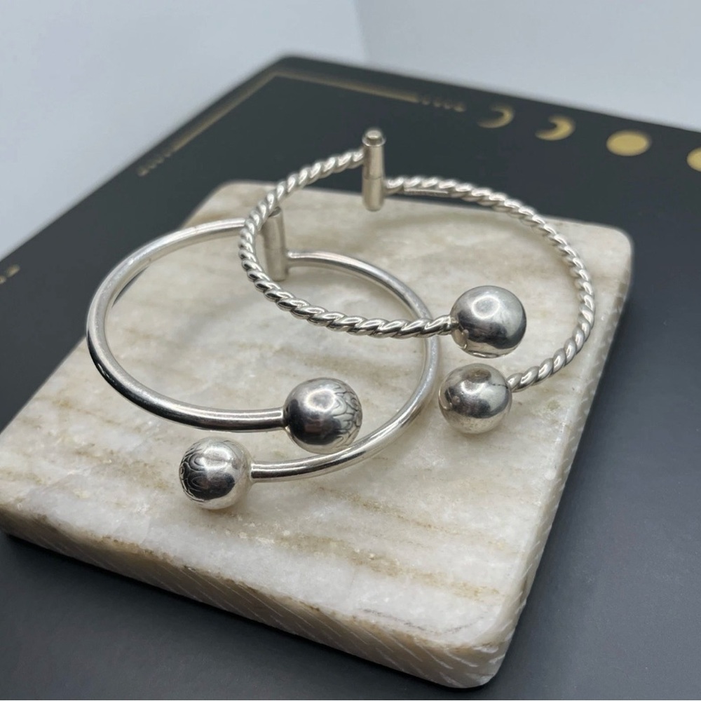 RARE 2 Lot ATI Mexico 925 Vintage Sterling Twisted Hinged Bypass Bracelet Balls